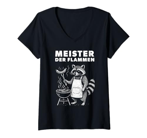 Damen Meister der Flammen Outfit Lustiges Grillen Waschbär Design T-Shirt mit V-Ausschnitt Damen Meister der Flammen Outfit Lustiges Grillen Waschbär Design T-Shirt mit V-Ausschnitt von Witziger Waschbär am Grill Barbecue BBQ Bratwurst