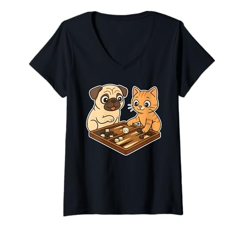Damen Lustiges Mops Hund und Niedliche Katze spielen Backgammon T-Shirt mit V-Ausschnitt Damen Lustiges Mops Hund und Niedliche Katze spielen Backgammon T-Shirt mit V-Ausschnitt von Witziges Backgammon Outfit für Herren Damen Kinder