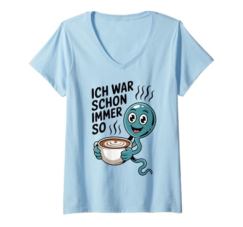 Damen Lustiger Kaffeespruch mit Spermium im Cartoonstil T-Shirt mit V-Ausschnitt Damen Lustiger Kaffeespruch mit Spermium im Cartoonstil T-Shirt mit V-Ausschnitt von Witziges Design für Morgenmuffel und Kaffeefans