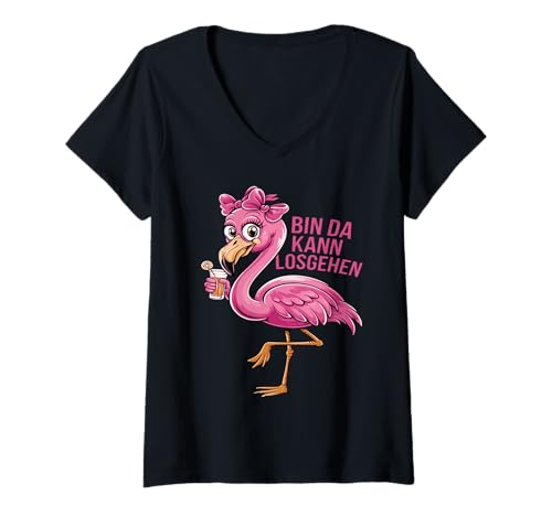 Damen Lustiger Flamingo Party Spruch Bin da kann losgehen T-Shirt mit V-Ausschnitt Damen Lustiger Flamingo Party Spruch Bin da kann losgehen T-Shirt mit V-Ausschnitt von Witziges Flamingo Motiv für Mädelsabend und Party
