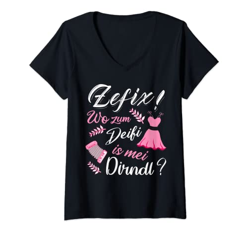 Damen Zefix wo zum Deifi is mei Dirndl Tracht Volksfest T-Shirt mit V-Ausschnitt von Witziges Frauen Damen Trachten Volksfest Kostüm