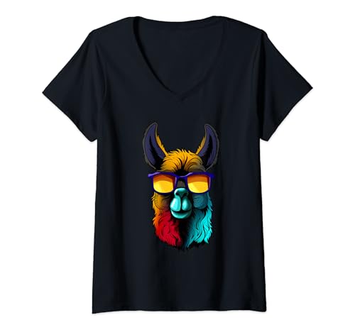 Damen Lama Besitzer Alpaka mit Sonnenbrille buntes Retro Lama T-Shirt mit V-Ausschnitt Damen Lama Besitzer Alpaka mit Sonnenbrille buntes Retro Lama T-Shirt mit V-Ausschnitt von Witziges Lama Alpakahof Alpaka Liebhaber Geschenk