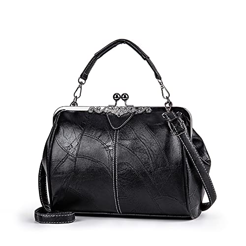 Damen Retro Handtasche, Frauen PU Leder Geldbörse Vintage Top Griff Tasche Kiss Lock Handtaschen Crossbody Schultertaschen (Schwarz) von Wivmypog