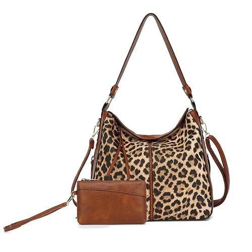 Wivmypog Hobo-Taschen für Damen, Umhängetasche mit Griff oben, großes Fassungsvermögen, Schultertasche, Handtasche (Brauner Leopard-2Stk.) von Wivmypog