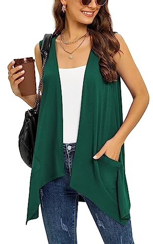 Cardigan Vest for Women Sleeveless Casual Summer Draped Open Front Kimono Cover Up with Pockets Womens Vests Lightweight High Low Hem,Dark Green,M von Wiwclo