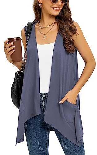 Long Sleeveless Cardigans for Women with Pockets Draped Open Front Lightweight Summer Cardigan Vest Casual Kimono Cover Up Hi-Lo Hem,Purple Grey,L von Wiwclo