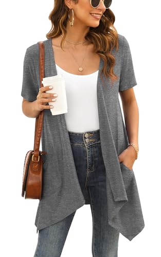 Plus Size Cardigan for Women Lightweight Summer Vest Short Sleeve Open Front Kimono Cover Up with Pockets Shrug Top Drape Hem,Dark Grey,2XL von Wiwclo