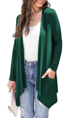 Plus Size Dark Green Cardigan Women with Pockets Lightweight Knit Long Sleeve Open Front Winter Draped Cardigans Sweater Duster High Low Hem 2024,XXL von Wiwclo