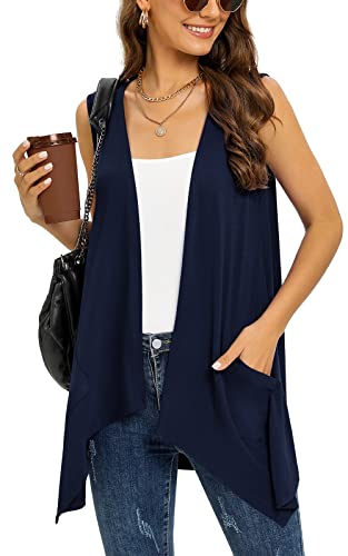 Sleeveless Cardigan Vest for Women Plus Size Lightweight Summer Jacket with Pocket Fashion Casual Work Knit Open Front Long Drape Duster,Navy Blue,XXL von Wiwclo
