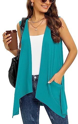 Sleeveless Cardigan Vest for Women Plus Size Lightweight Summer Jacket with Pockets Casual Work Knit Open Front Long Drape Duster,Teal,XXL von Wiwclo