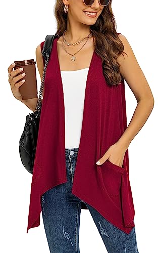 Sleeveless Cardigan Vest for Women Plus Size Lightweight Summer Jacket with Pockets Casual Work Knit Open Front Long Drape Duster,Wine Red,3XL von Wiwclo