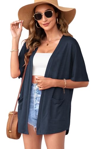 Wiwclo 2024 Womens Short Sleeve Kimono Cardigans Lightweight Summer Cardigan Casual Loose Beach Cover Up Curved Hem with Pockets,Navy Blue,Large von Wiwclo