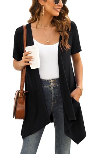 Wiwclo Black Cardigan for Women Plus Size Kimono Vest Casual Short Sleeve Open Front Lightweight Summer Cardigans with Pockets Draped Hem,Black,3XL von Wiwclo
