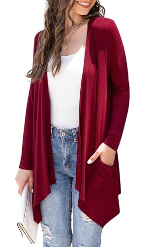 Wiwclo Fall Cardigans for Women 2024 Solid Knit Long Sleeve Lightweight Kimono Cardigan with Pocket Casual High Low Hem Drape Duster,Wine Red,Medium von Wiwclo