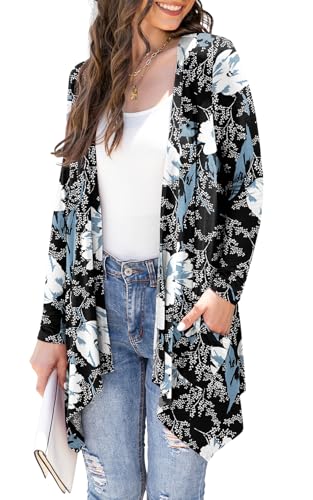 Wiwclo Floral Cardigan for Women Lightweight with Pockets Open Front Drape Long Sleeve Winter Light Cardigans Dusters Dressy,Floral White Lily,M von Wiwclo