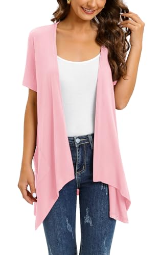 Wiwclo Lightweight Summer Hot Pink Cardigan for Women Short Sleeve Open Front Kimono Cover Up with Pockets Casual Work Shrug Top High Low Hem 2024,S von Wiwclo