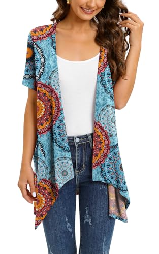 Wiwclo Lightweight Summer Short Sleeve Blue Floral Cardigan for Women Open Front Kimono Beach Cover Up with Pockets Jackets Top Drape Hem,XL von Wiwclo