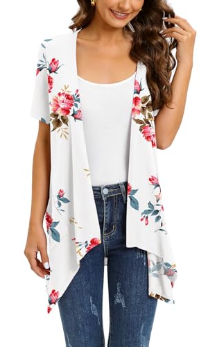 Wiwclo Lightweight Summer Short Sleeve Off White Floral Cardigan for Women Open Front Kimono Beach Cover Up with Pockets Jackets Top Drape Hem,L von Wiwclo