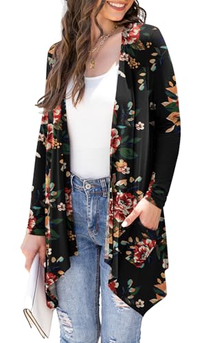 Long Sleeve Plus Size Cardigan for Women Lightweight Knit with Pocket High Low Hem Drape Flower Kimono Coverup Cardigans Duster,Brown Floral Black,XXL von Wiwclo