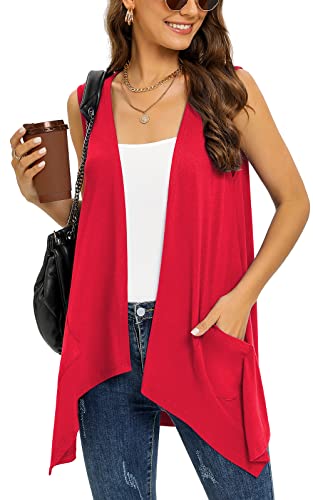 Wiwclo Long Sleeveless Cardigans for Women with Pockets Draped Open Front Lightweight Summer Cardigan Vest Casual Kimono Cover Up Hi-Lo Hem,Red,L von Wiwclo
