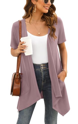 Wiwclo Mauve Summer Short Sleeve Cardigans for Women Lightweight Open Front Kimono Cover Up Jackets Vest with Pockets Drape Shrug Top High Low Hem,M von Wiwclo