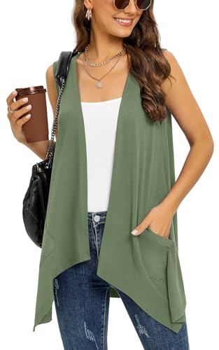 Wiwclo Sleeveless Cardigans for Women Trendy Lightweight Summer Cardigan Vest Casual Open Front Ladies Draped Sweater with Pockets,Olive Green,M von Wiwclo