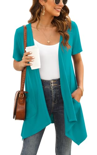 Wiwclo Teal Summer Short Sleeve Cardigans for Women Lightweight Open Front Kimono Cover Up Jackets Vest with Pockets Drape Shrug Top High Low Hem,M von Wiwclo