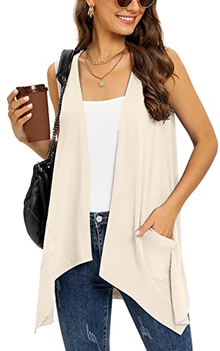 Wiwclo Vest Cardigan for Women Fashion Casual Open Front Lightweight Summer Cardigans Sleeveless Draped Kimono with Pockets Asymmetric Hem,Apricot,L von Wiwclo