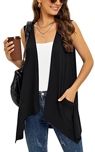 Wiwclo Vest Cardigan for Women Fashion Casual Open Front Lightweight Summer Cardigans Sleeveless Draped Kimono with Pockets Asymmetric Hem,Black,S von Wiwclo