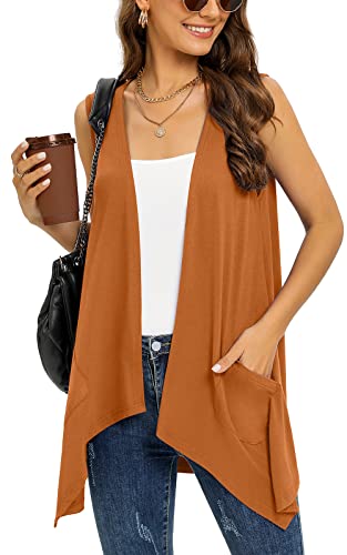 Wiwclo Vest Cardigan for Women Fashion Casual Open Front Lightweight Summer Cardigans Sleeveless Draped Kimono with Pockets Asymmetric Hem,Brown,S von Wiwclo