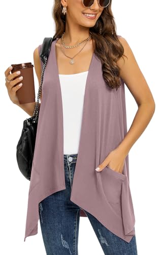 Wiwclo Vest Cardigan for Women Fashion Casual Open Front Lightweight Summer Cardigans Sleeveless Draped Kimono with Pockets Asymmetric Hem,Mauve,S von Wiwclo