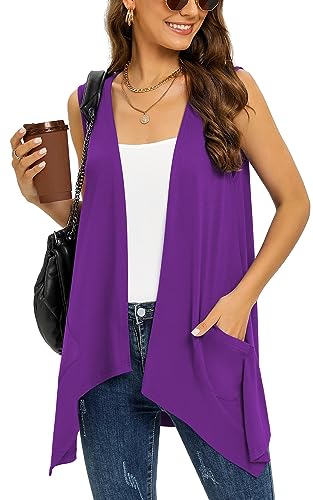 Wiwclo Vest Cardigan for Women Fashion Casual Open Front Lightweight Summer Cardigans Sleeveless Draped Kimono with Pockets Asymmetric Hem,Purple,S von Wiwclo