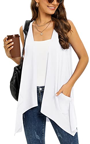 Wiwclo Vest Cardigan for Women Fashion Casual Open Front Lightweight Summer Cardigans Sleeveless Draped Kimono with Pockets Asymmetric Hem,White,S von Wiwclo