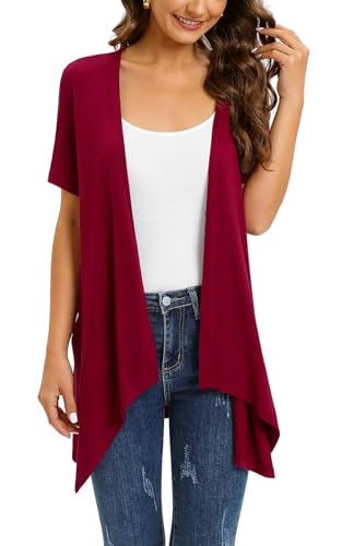 Wiwclo Wine Cardigan Women Lightweight Short Sleeve Blazer Drape Front Cardigans Kimono Jacket with Pockets Casual Business Work Vest Shrug Top,M von Wiwclo
