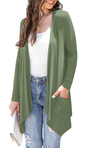 Wiwclo Women Plus Size Casual Open Front Knit Cardigans Lightweight Summer Soft Relaxed Fit Long Sleeve Cardigan Side Pocket Drape Duster,Olive Green,3XL von Wiwclo