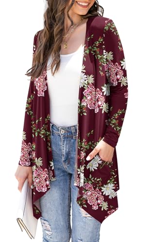 Wiwclo Women's Lightweight Cardigan Casual Soft Long Sleeve Floral Knit Cardigans with Pockets High Low Hem Draped Duster,Flower Wine Red,Small von Wiwclo