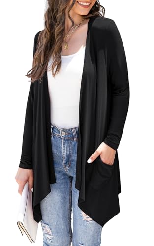 Wiwclo Women's Lightweight Cardigan Casual Soft Long Sleeve Solid Knit Cardigans with Pockets High Low Hem Draped Duster,Black,Small von Wiwclo