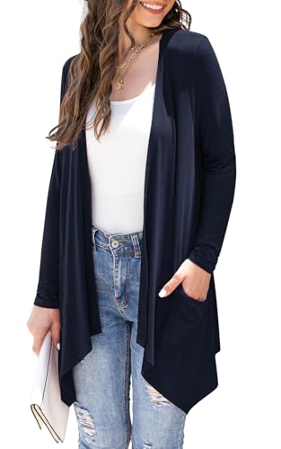 Wiwclo Women's Lightweight Cardigan Casual Soft Long Sleeve Solid Knit Cardigans with Pockets High Low Hem Draped Duster,Navy Blue,Small von Wiwclo