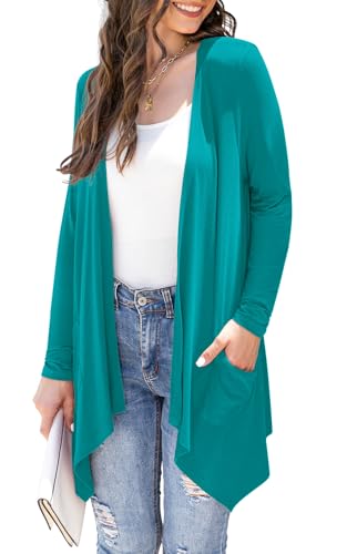 Wiwclo Women's Lightweight Cardigan Casual Soft Long Sleeve Solid Knit Cardigans with Pockets High Low Hem Draped Duster,Teal,Small von Wiwclo