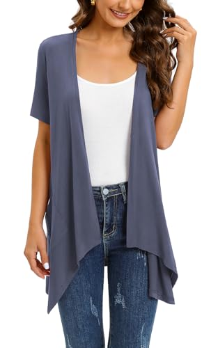 Wiwclo Women's Lightweight Summer Cardigan Grey Purple Vest Short Sleeve Open Front Kimono Jackets with Pockets Drape Shrug Top High Low Hem 2024,XL von Wiwclo