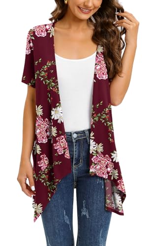 Wiwclo Women's Trendy Lightweight Summer Floral Print Open Front Cardigan Short Sleeve Kimono Cardigans with Pockets Drape Shrug Top Hi Lo Hem,XL von Wiwclo
