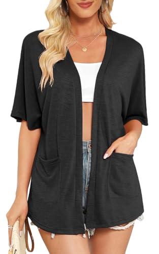 Wiwclo Womens Black Short Sleeve Kimono Cardigans 2024 Lightweight Summer Cardigan Casual Loose Fit Beach Cover Up Curved Hem with Pockets,Black,S von Wiwclo