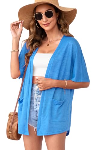 Wiwclo Womens Blue Short Sleeve Kimono Cardigans 2024 Lightweight Summer Cardigan Casual Loose Fit Beach Cover Up Curved Hem with Pockets,Blue,M von Wiwclo