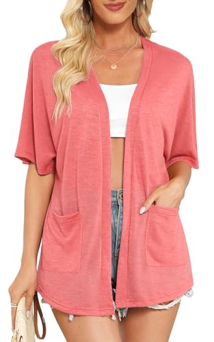 Wiwclo Womens Coral Short Sleeve Kimono Cardigans 2024 Lightweight Summer Cardigan Casual Loose Fit Beach Cover Up Curved Hem with Pockets,Coral,S von Wiwclo