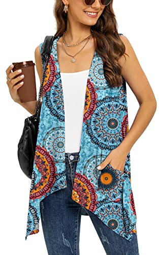 Wiwclo Womens Floral Kimono Cardigan Vest Sleeveless Lightweight Summer Open Front Cardigan for Women with Pockets Knit Beach Cover Up Draped Hem,M von Wiwclo