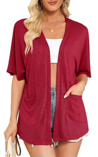 Wiwclo Womens Maroon Short Sleeve Kimono Cardigans Snowflake Cotton Lightweight Summer Cardigan Casual Loose Beach Cover Up Curved Hem with Pocket,M von Wiwclo