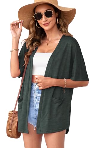 Wiwclo Womens Plus Size Short Sleeve Kimono Cardigans Lightweight Summer Cardigan Casual Loose Beach Cover Up Curved Hem with Pockets,Dark Grey,XL von Wiwclo