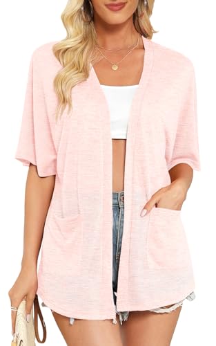 Wiwclo Womens Plus Size Short Sleeve Kimono Cardigans Lightweight Summer Cardigan Casual Loose Beach Cover Up Curved Hem with Pockets,Light Pink,XXL von Wiwclo