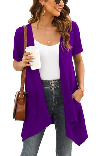 Wiwclo Womens Purple Short Sleeve Cardigan Open Front Lightweight Summer Cardigan Kimono Casual Soft Draped Vest with Pockets High Low Hem 2024,L von Wiwclo