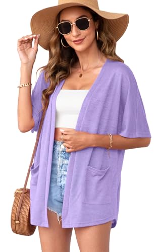 Wiwclo Womens Purple Short Sleeve Kimono Cardigans 2024 Lightweight Summer Cardigan Casual Loose Fit Beach Cover Up Curved Hem with Pockets,Purple,M von Wiwclo